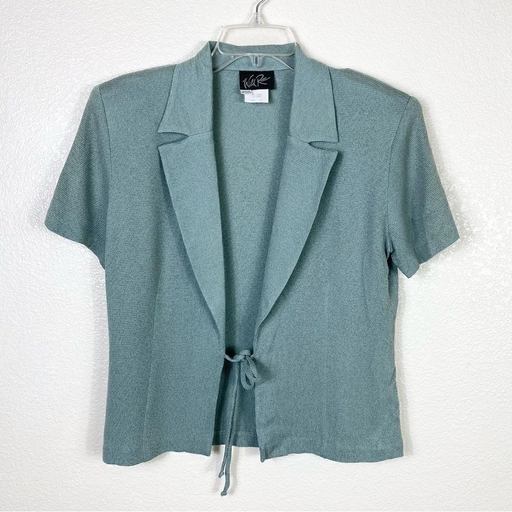 Vintage Wild Rose Grey Blue Short Sleeve Tie Front Blazer Shirt
